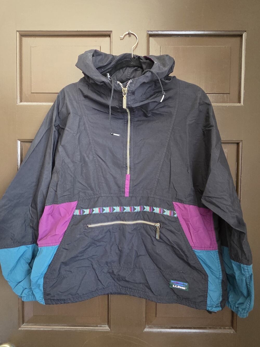 Vintage L.L.Bean Anorak Jacket Men’s M 1/2 Zip Hooded Packable Black Purple Teal